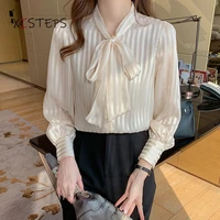 striped blouses women chiffon shirts bow tie collar female elegant shirts office lady work wear tops 2021 loose femme blusas