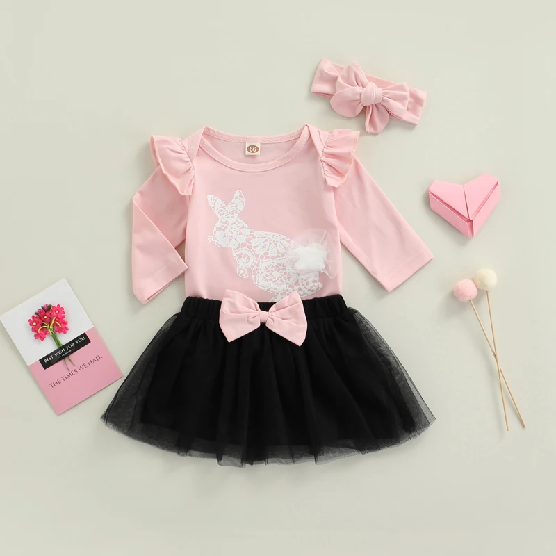 

Newest Baby Girls Easter Romper Set, Long Sleeve Rabbit Print Tops with Elastic Waist Skirt Bowknot Headband for Casual Daily