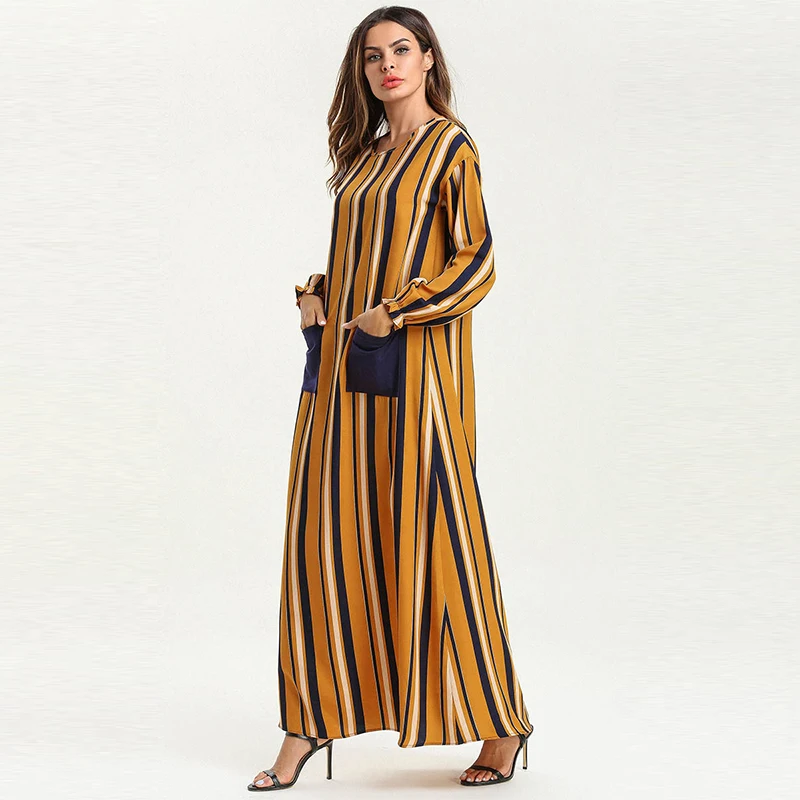 Muslim Dress Dubai Simple Fashion Long Sleeve Skirt Islamic Turkey Striped Thin Panel Middle East Arab Kimono Moroccan | Тематическая