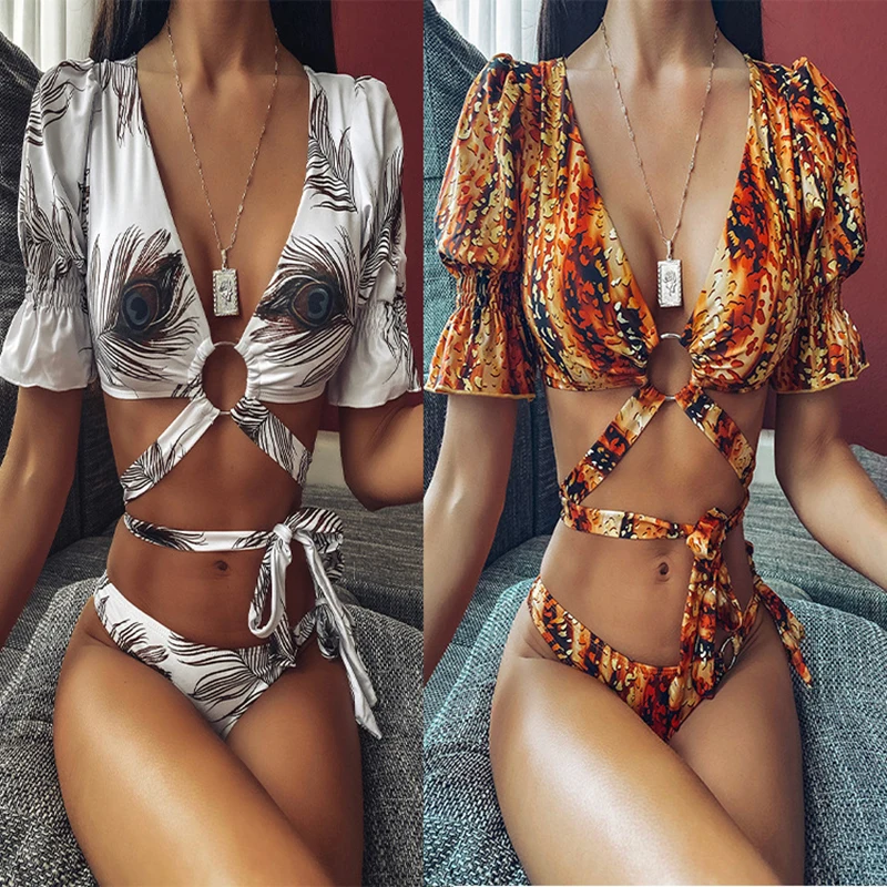 

2020 NEW Leopard Feather Print Wrap Around Bikini Women Swimwear Female Swimsuit Two-pieces Bikini set Bather Bathing Beach Suit