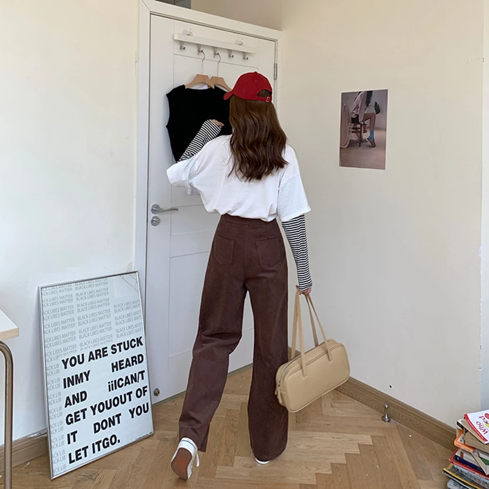 

WITHZZ Autumn Winter Corduroy Casual Pants Women's Loose High-Waist Pink Straight Pants