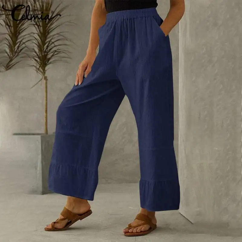 

Women Casual Wide Leg Long Pant Celmia 2021 Fashion Loose Cotton Stitching Trousers Autumn Elastic Waist Pocket Solid Pantalon