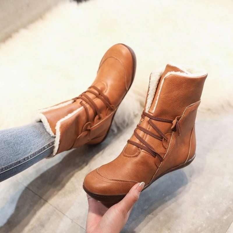 

Retro Round Head Cross Straps Plus Velvet Warm Snow Boots Women's Mid-calf Boots 2021 New Soft Sole Cozy All-match Winter Boots