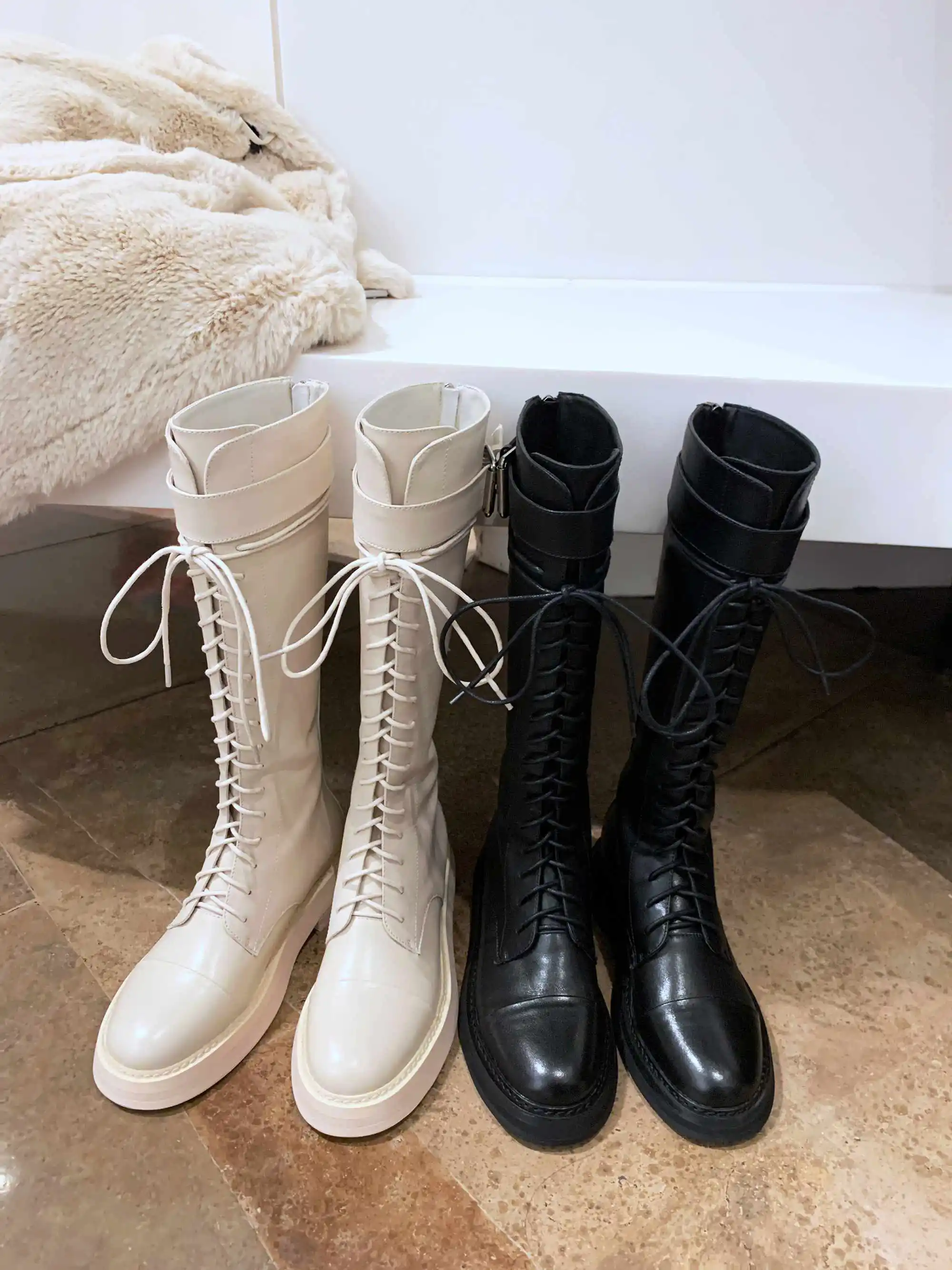 

Vichelo Hot snow boots natural leather winter handsome buckle round toe thick med heel zipper keep warm punk knee-high boots L31