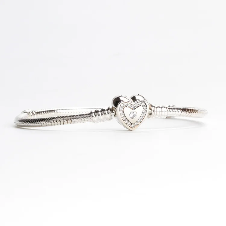 

Amaia Original 925 Sterling Silver Classic Clasp Snake Bone Bracelet With Diamond Heart Shaped Button Diy Versatile Bracelet
