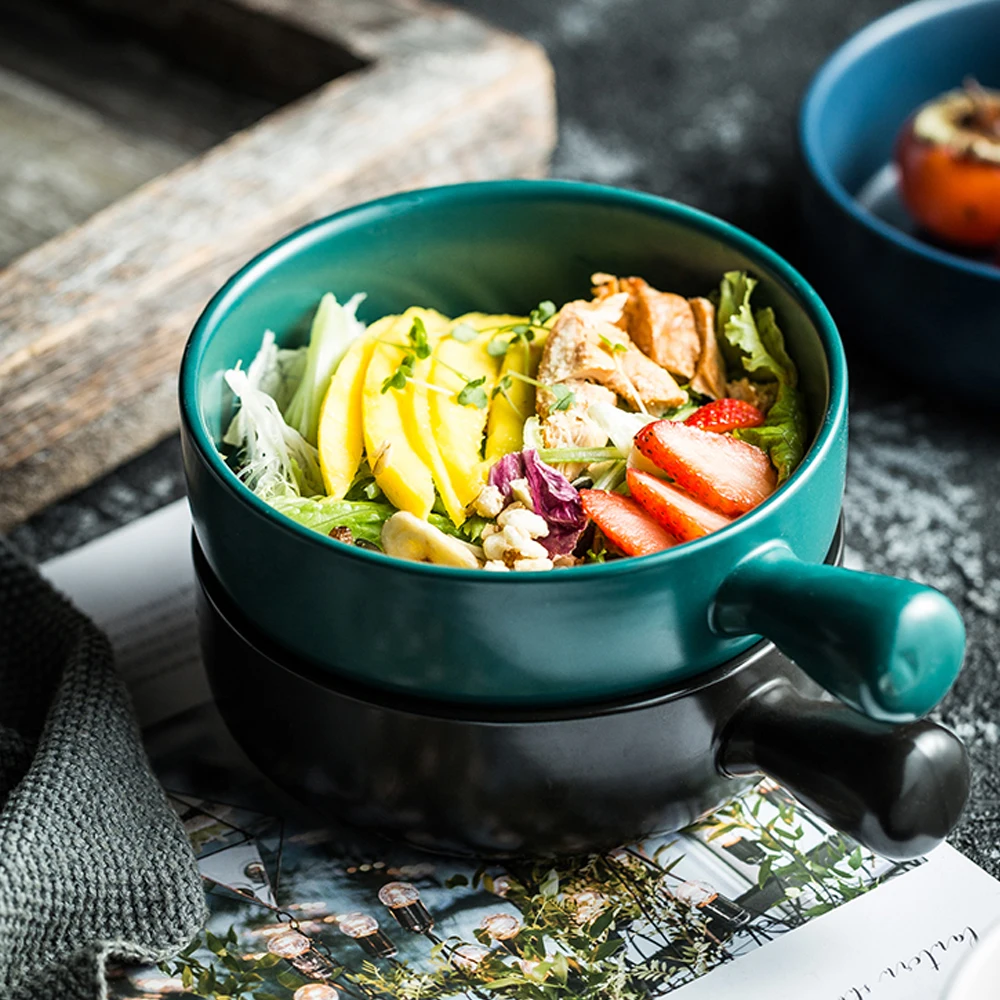 Керамическая чаша MUZITY с ручкой фарфоровая для салата или фруктов 6 дюймов