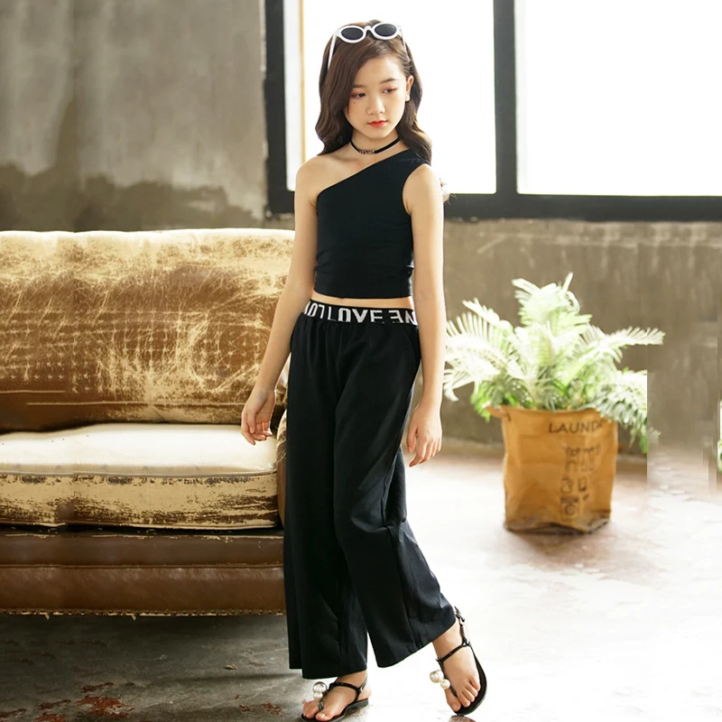 

Новинка, летний комплект одежды для девочек-подростков, индивидуальный повседневный комплект из футболки и широких брюк в полоску, спортивный комплект из двух предметов для девочек #8811