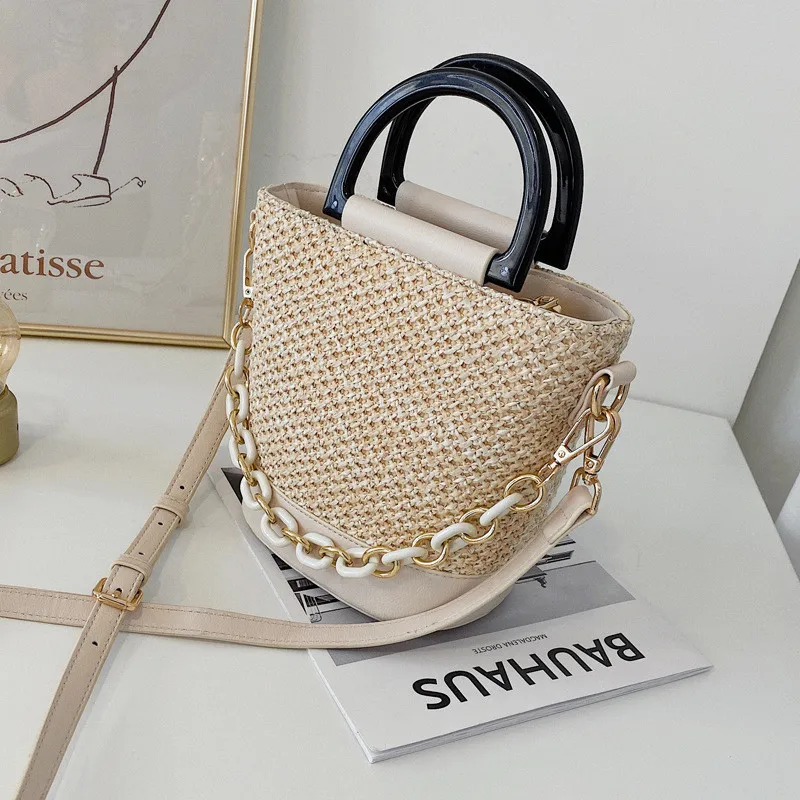 

2021 New Summer Straw Bag Ladies Woven Bucket Bag Bohemia Chain Bag Purses And Handbag Popular Fashion Women Mini Crossbody Bag
