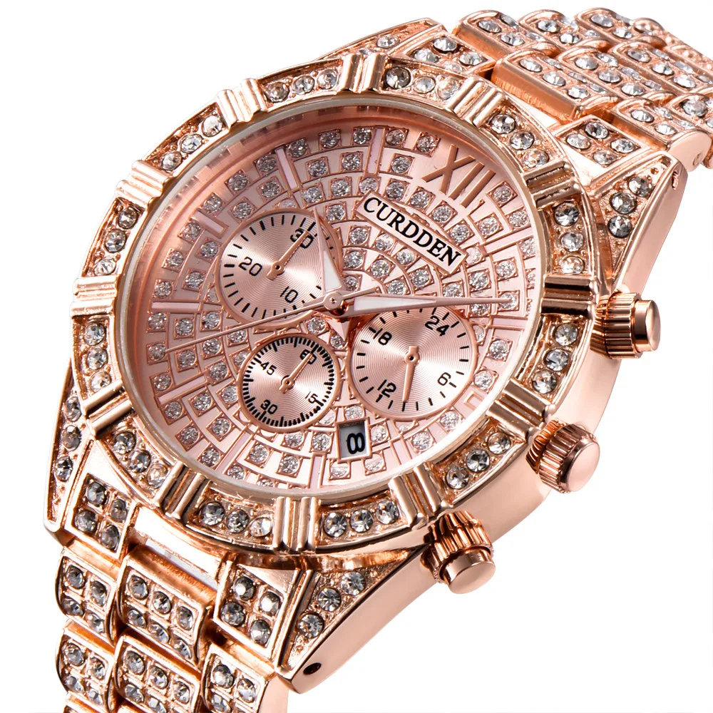 

Top Brand Luxury Men Alloy Wrist Watches Diamond Full Watches Casual Wrist Watches Stainless Steel Mesh Clock Relogio Masculino