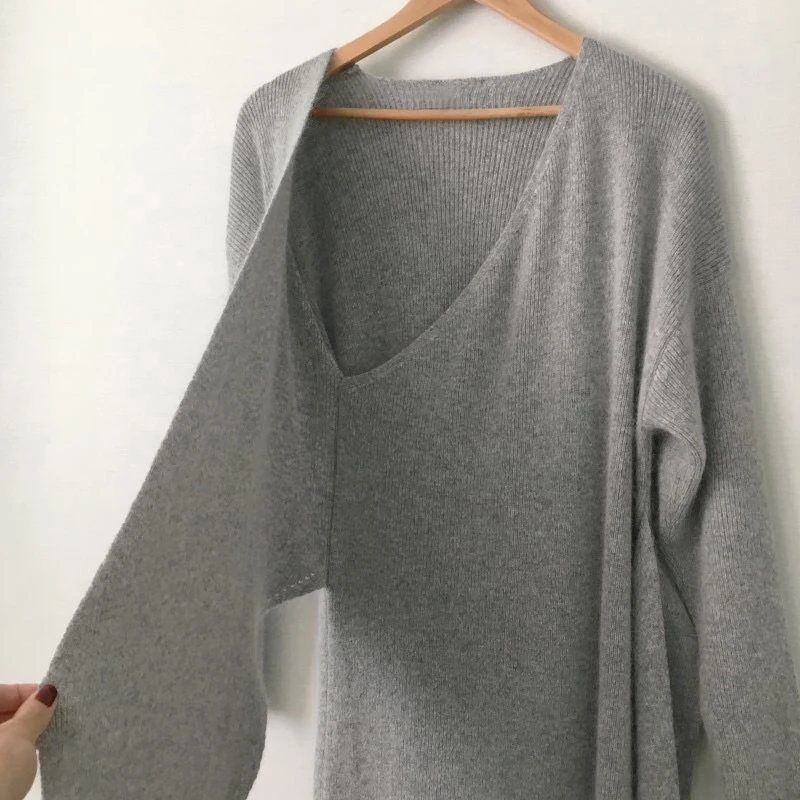 Elegant Women Jumper Autumn Casual Solid Color Loose Tunic Knitwear Belted Cashmere Sweater Sexy V Kneck Knitted Long Section |
