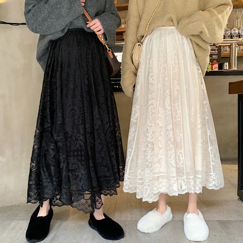 Женская кружевная юбка черная или бежевая однотонная Асимметричная длинная с