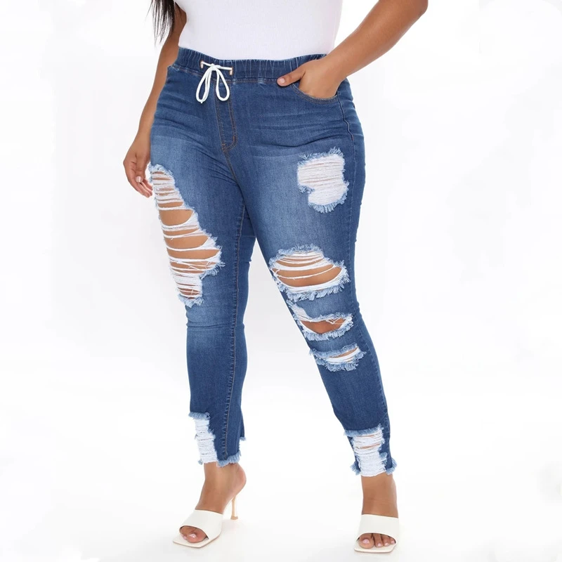 

Distressed Jean for Women Scratched Ripped Jeans Stretch Waist Plus Size Jeans Women 4xl 5xl Denim Pant Wholesale Dropshipping