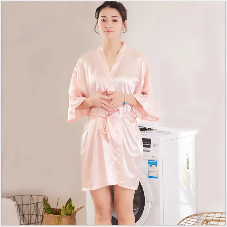 

Sexy Pink Female Kimono Gown Bride Bridesmaid Solid Robe Mini Casual Bathrobe Nightwear Satin Intimate Lingerie Home Clothing