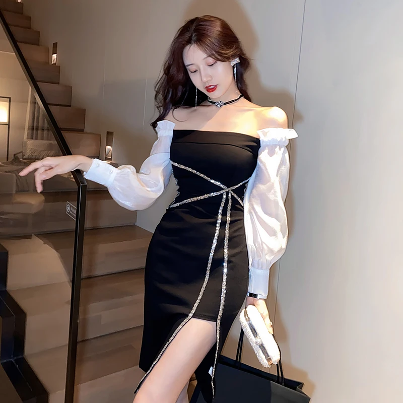

Women One Piece Dress Autumn 2021 New Office Lady Korea Style Long Sleeve Solid Sequins High Waist Zipper Dresses Traf
