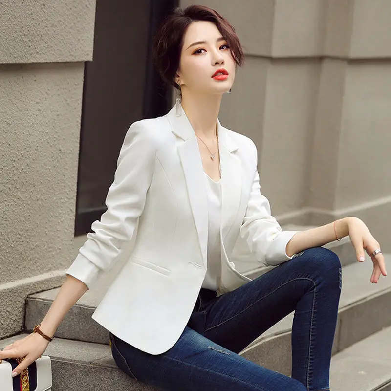 

PEONFLY Women Office Ladies Blazer 2020 Solid Casual Single Button Coat Jacket Long Sleeve Notched Collar Pockets Blazers White