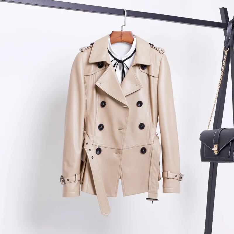 

Spring Autumn Sheepskin Leather Windbreaker Women's Middle Long Double Breasted Waist Close Fitting Leather Coat with Epaulets