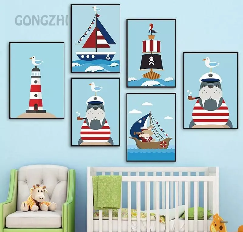 

Modern Minimalist Canvas Painting Art Wall Poster Cartoon Cute Animal Seal Pirate Ship Children's Room Mural Home Decoration