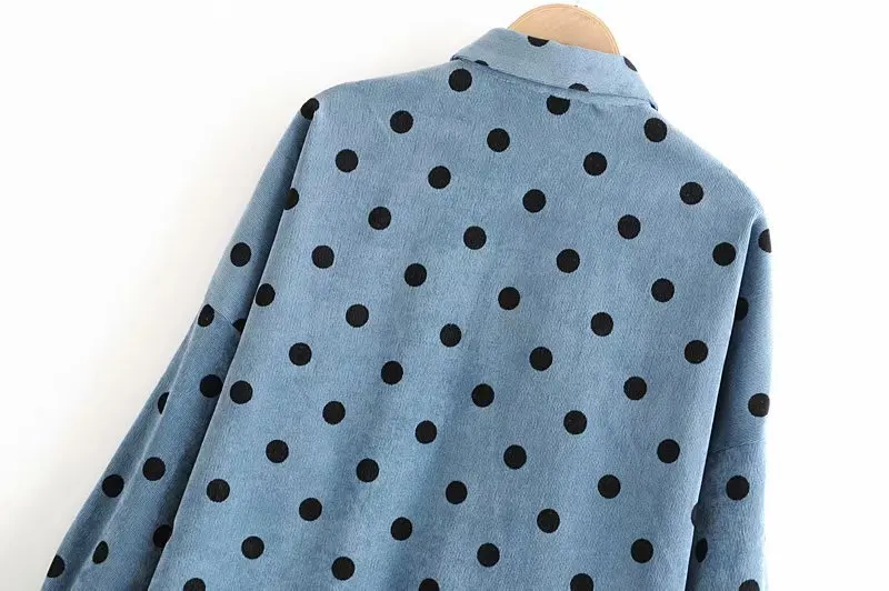 Женская Вельветовая блузка в горошек зимняя повседневная утепленная синяя с