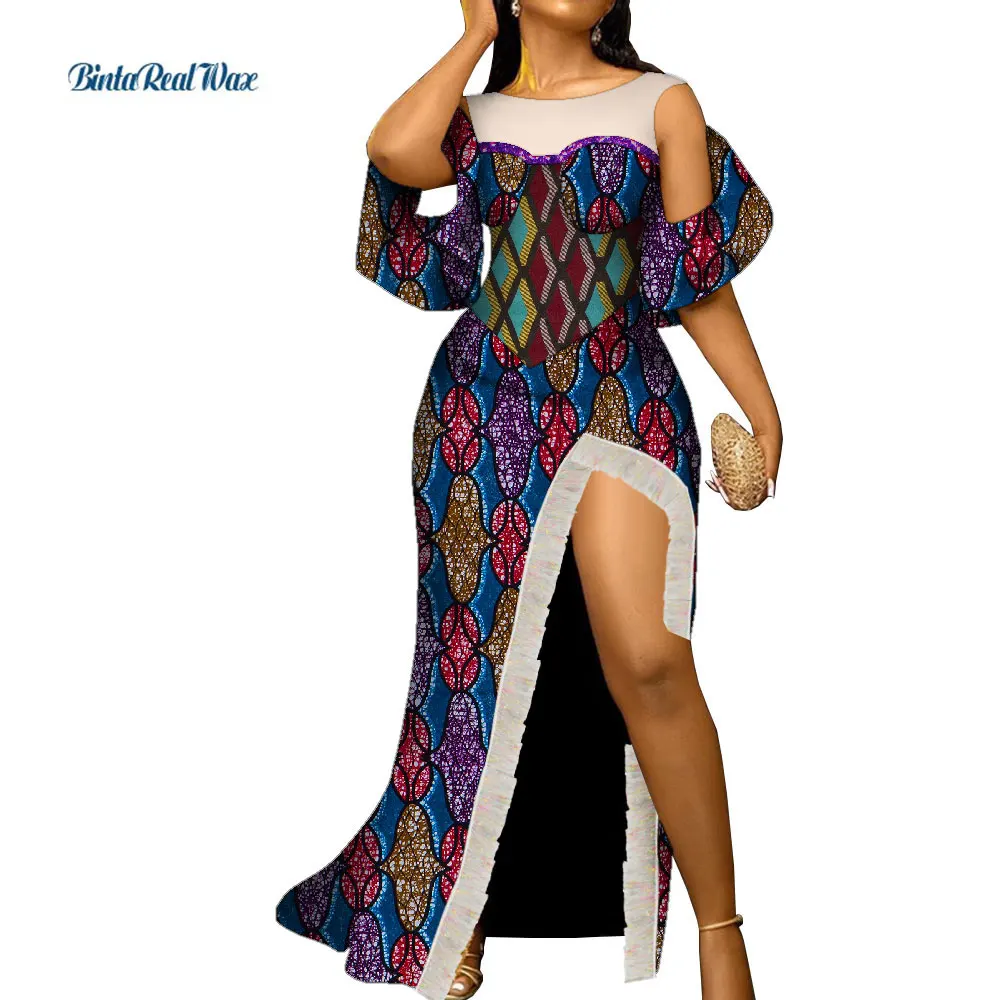 

African Print Dresses for Women Tassel Short Sleeve Sexy Long Dresses Evening Party Vestidos Traditional African Clothing WY9513