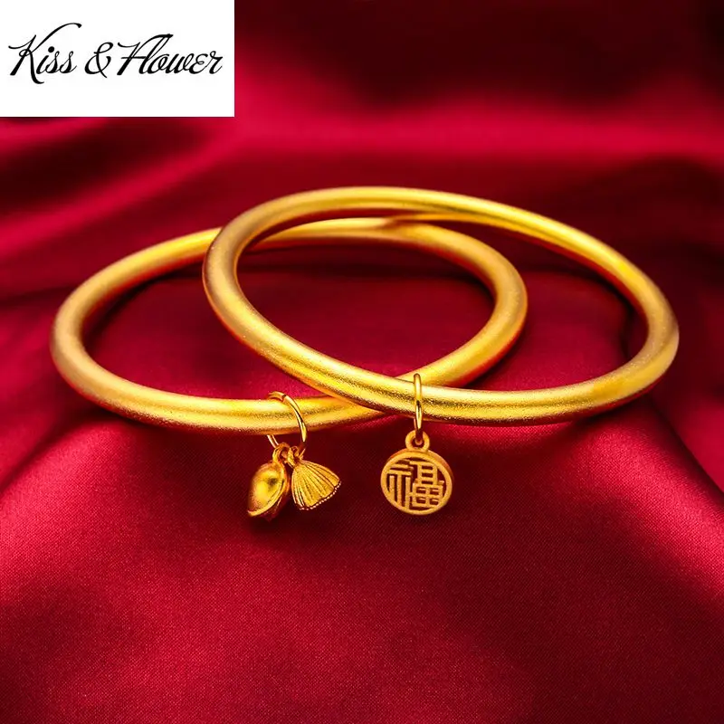 

KISS&FLOWER BR178 Fine Jewelry Wholesale Fashion Woman Birthday Cat Wedding Gift Matte Round FU Lotus 24KT Gold Bracelet Bangle