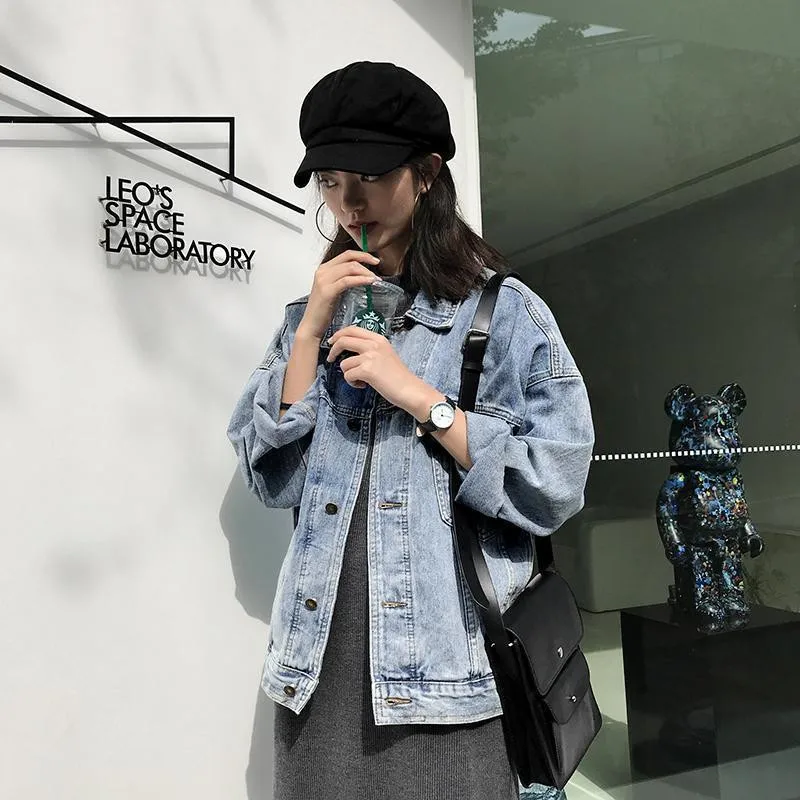 Винтажные однотонные джинсы джинсовая куртка для женщин Свободные повседневные