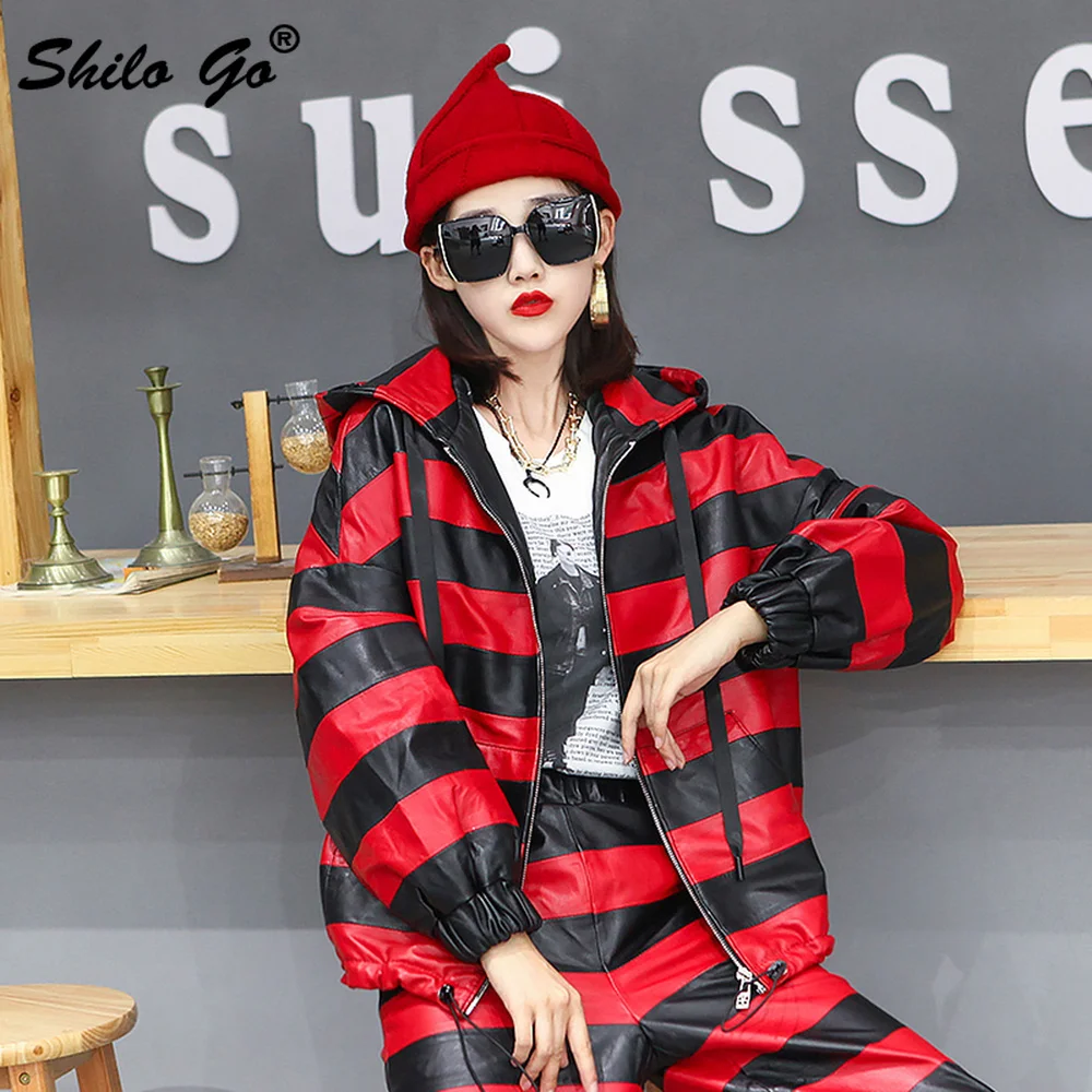 

Streetwear Hooded Striped Printed Zip Jacket Women Winter Casual Multicolor Genuine Leather Coat Color Block Sheepskin Outwear