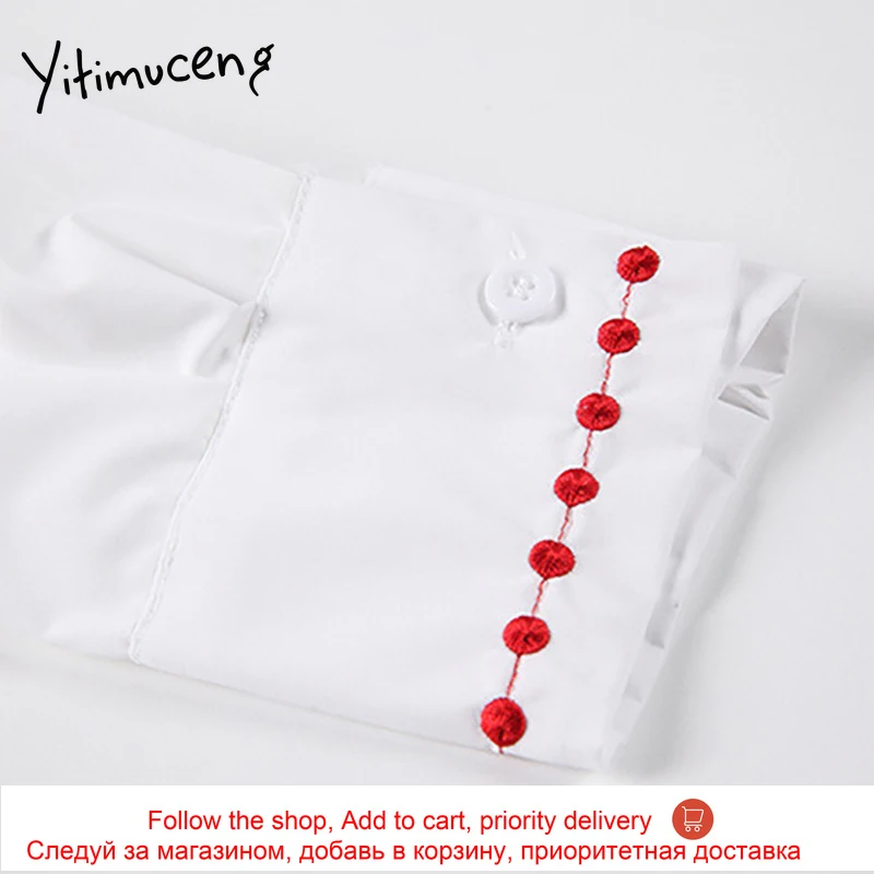 

Yitimuceng Embroidery Blouse Women Shirts Peter pan Collar Clothes Solid White 2021 Summer Korean Fashion New Office Lady Tops