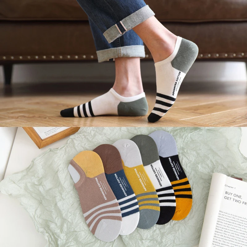 

Summer And Spring Men's Cotton Invisible Boat Socks Striped Retro Fashion Shallow Sweat-absorbent Show Ankle Socks 5 Pairs/Lot