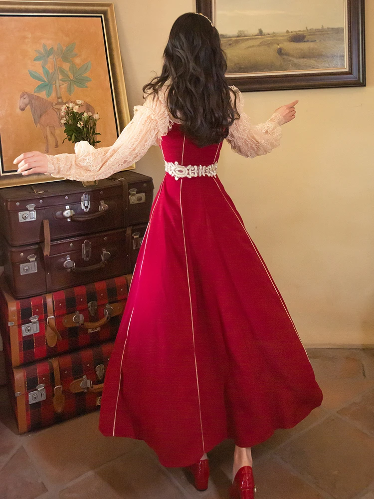 

Vintage lace splicing dress temperament show thin waist dress