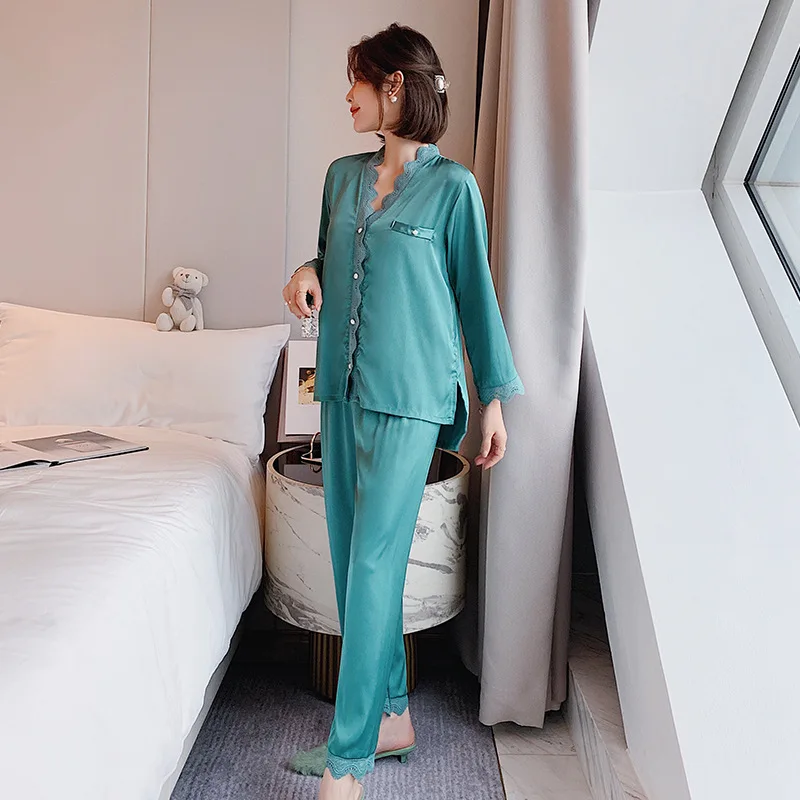 2021 New Spring Autumn Women's Pajamas Lace Sexy Nightwear Long Sleeve 2Pcs Home Suit Solid Color Cardigan Suit Korean Version