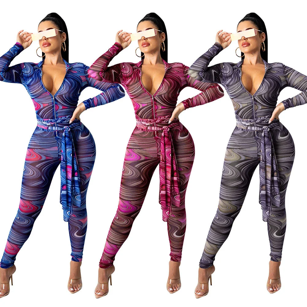 

Zoctuo Print Girl Jumpsuit V Neck Long Sleeve Rompers And Jumpsuits For Women Sexy Mesh Lace Up Mesh High Street Outfit Romper
