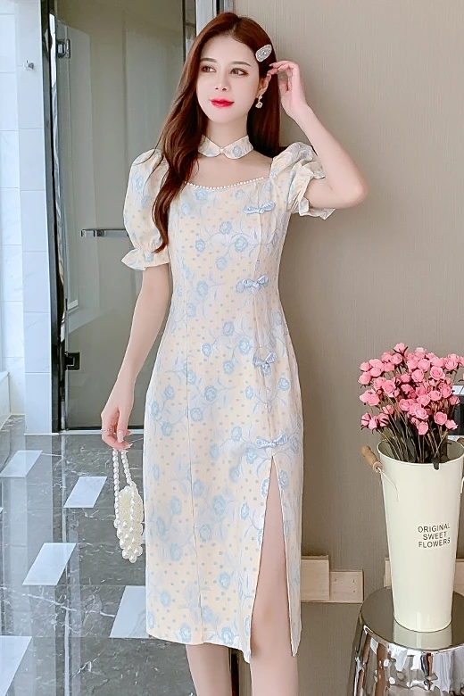 

COIGARSAM French Style Floral Print Women dress New Summer Long Dresses Apricot 3668