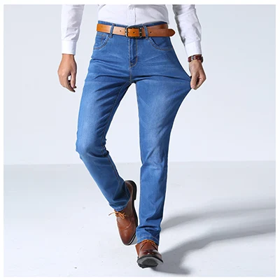 light blue Летний мужской тонкий светильник джинсы Бизнес повседневные Стрейчевые тонкие джинсы светильник синие брюки мужские Брендовые брюки размера плюс - Цвет: light blue