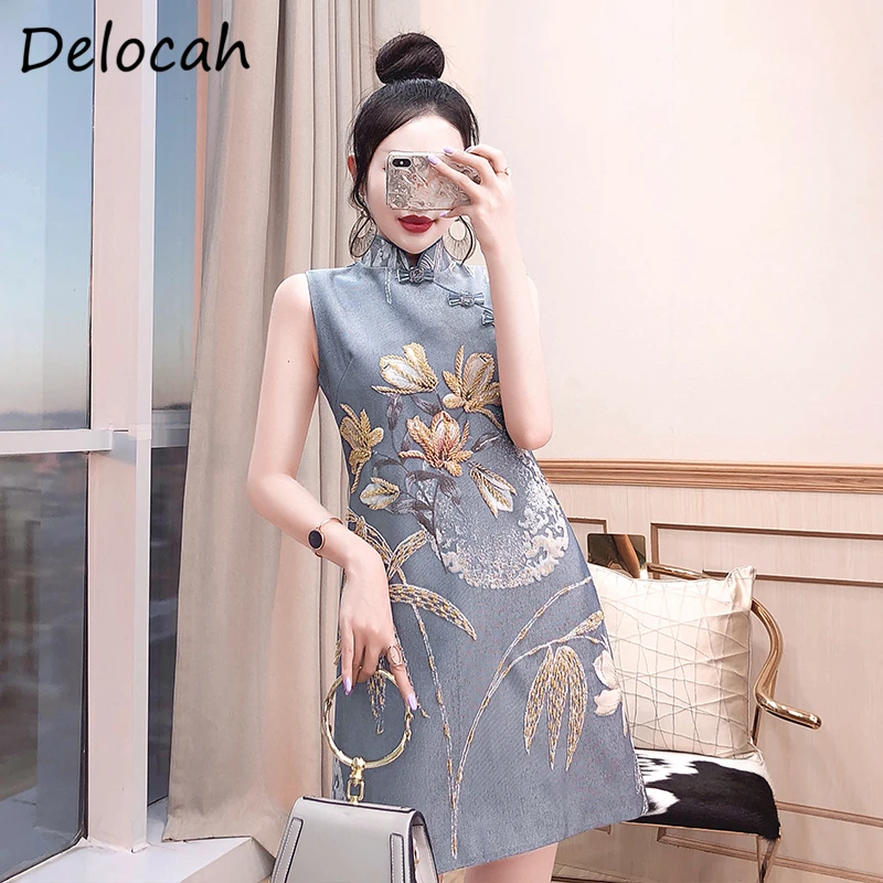 

Женское дизайнерское вечерние-платье без рукавов Delocah, летнее, расшитое бисером, в китайском стиле, ТРАПЕЦИЕВИДНОЕ