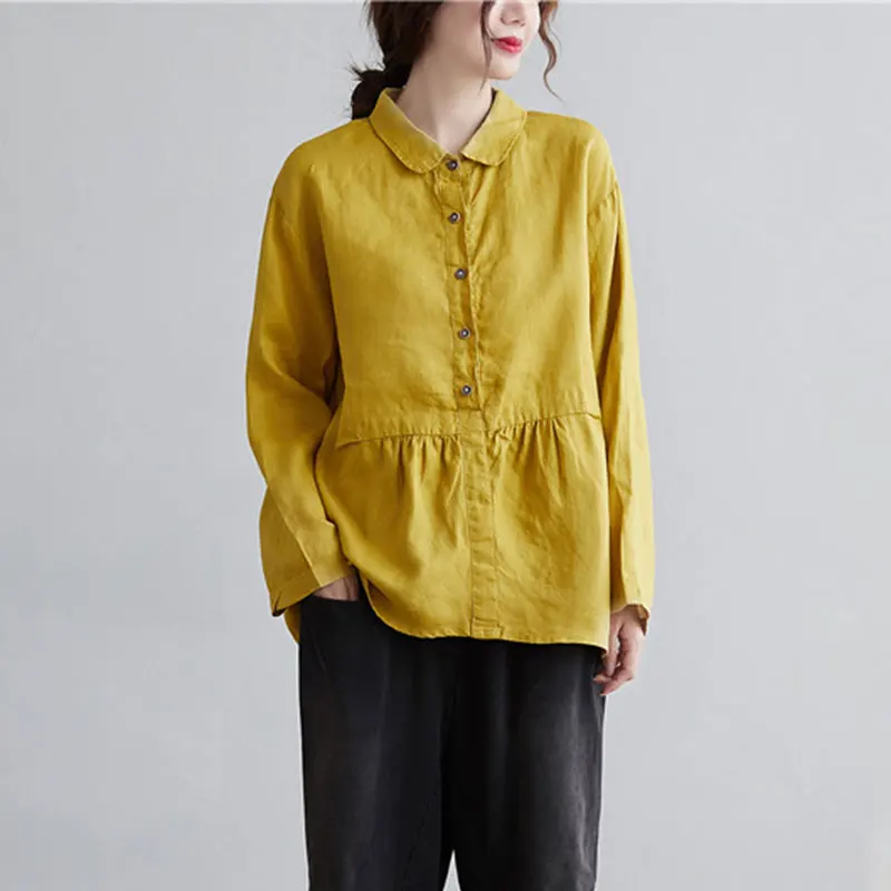 2020 Spring Autumn New Arts Style Women Turn-down Collar Loose Yellow Shirt All-matched Casual Cotton Linen Blouse Femme Tops V4