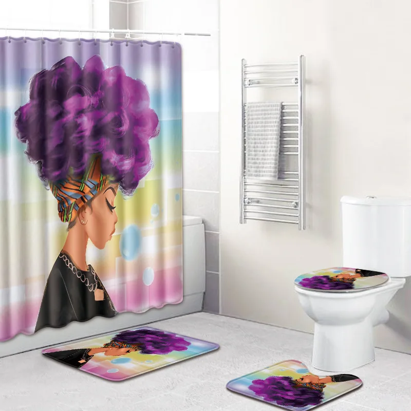 4 Pcs/Set Fashion African American Women Shower Curtains with Hooks Bath Rug Sets Non Slip Carpet Toilet Cover Mat Set | Дом и сад