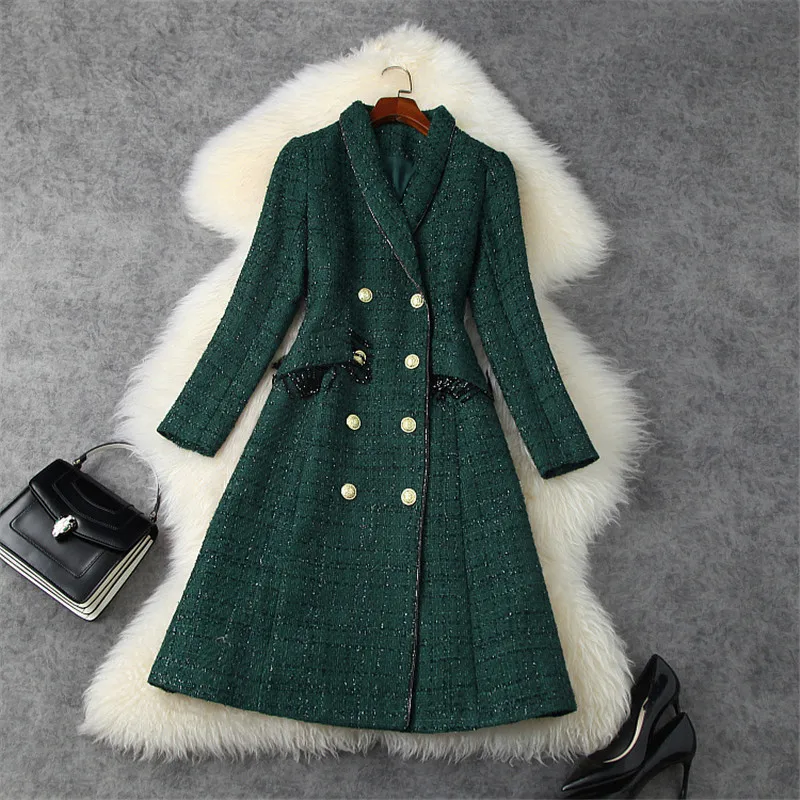 

High Quality Designer Fashion Women Winter Double Breasted Long Tweed Woolen Jackets and Coats Elegant Wool Blends Outerwear
