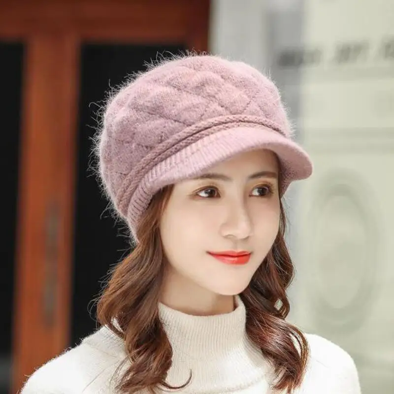 Autumn Winter Hats for Women Warm Thick Rabbit Fur Hats Women Newsboy Berets Ladies With Woolen Knitted Hat Female Caps