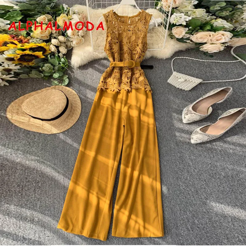 ALPHALMODA 2019 новый полый в стиле пэчворк с кружевом комбинезон широкими штанинами