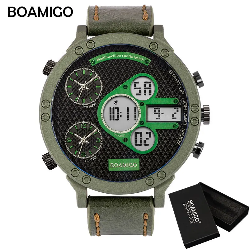 green box BOAMIGO мужские военные часы мужские спортивные часы мужские кварцевые светодиодный цифровой аналоговый 3 Часы мужские коричневые синие наручные часы водонепроницаемые - Цвет: green box