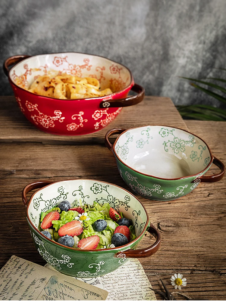 Новая керамическая десертная чаша с вишневым узором и ручкой бытовая креативная