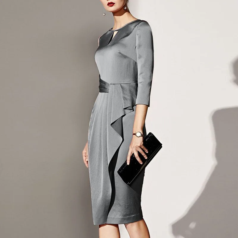 

Women Vintage Sashes Satin Slim Mid Dress Long Sleeve Solid O Neck A Line Simple Casual Dress 2021 spring summer New Women Dress