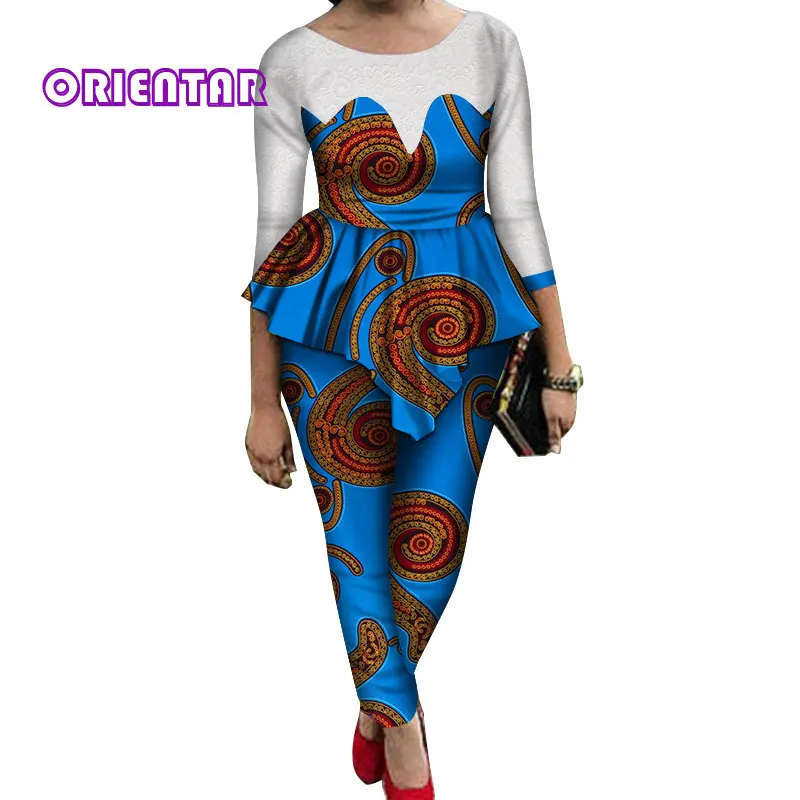 5 2 Pieces Sets Women African Pants Sets African Wax Print Long Sleeve Lace Tops and Pants Women Bazin Riche African Suits WY689 - Цвет: 5