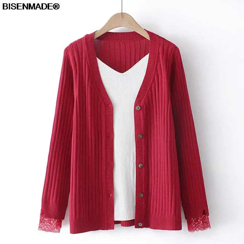 

Women Clothing Sweaters Plus Size 2021 Autumn New Lace Cuffs V Neck Knitwear False Two Pieces Female Pullover 2128