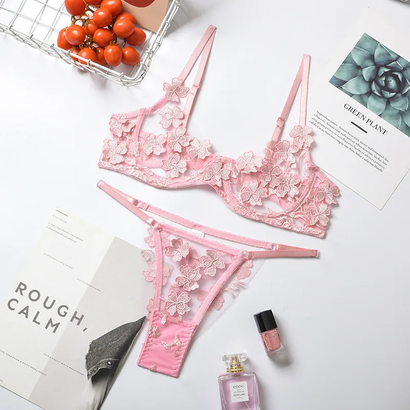 

Sexy Lace Lingerie Set Floral See Through Bra Panty Nightwear Transparent Pink Underwear Women Embro