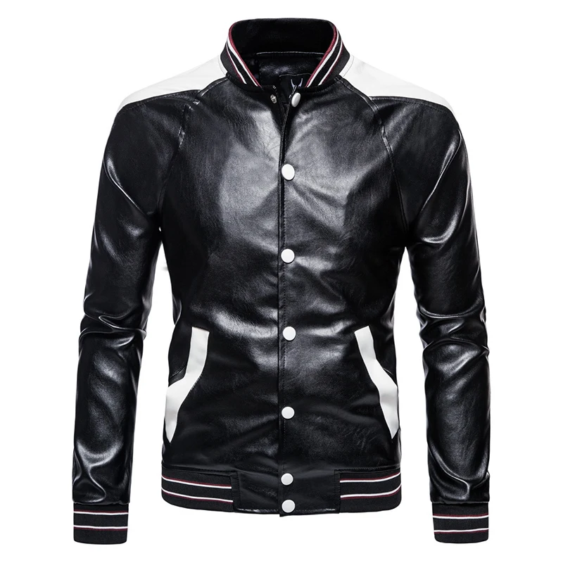 

Pop Mens Vintage Motorcycle Jacket Baseball Collar Fashion Biker Leather Jacket Men Patchwork PU Overcoat Jaqueta De Couro