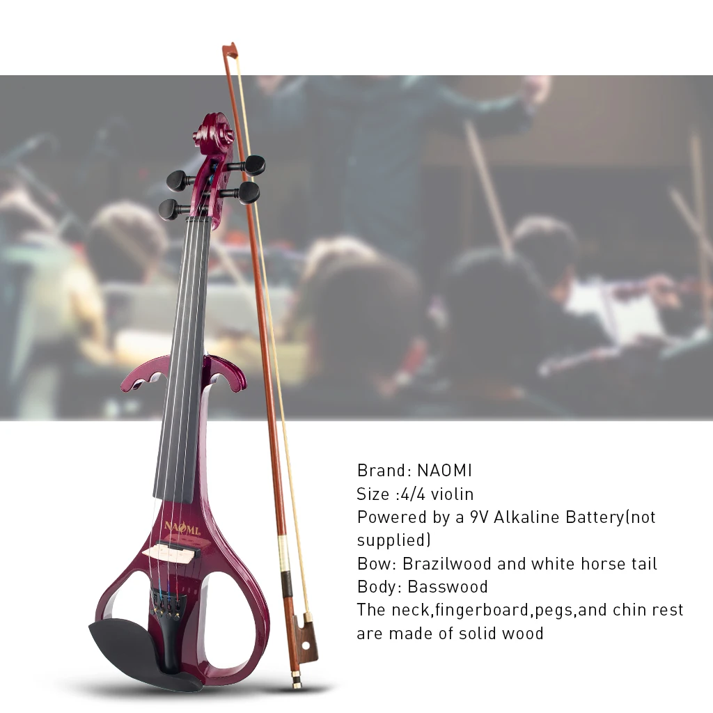 NAOMI Silent Electric Solid Wood Violin 4/4 Size Violin Active Pickup Red Color With Violin Case Bow Rosin Tuner Strings enlarge