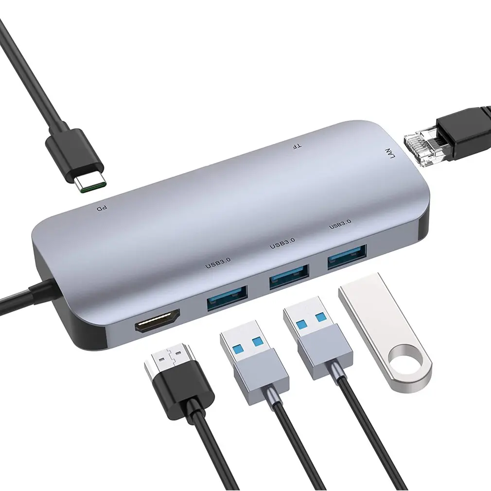 

Док-станция 8 в 1 с USB 3,0 C Hub на HDMI-совместимый адаптер док-станция с портом LAN PD многофункциональная док-станция для Macbook Pro/Air M1