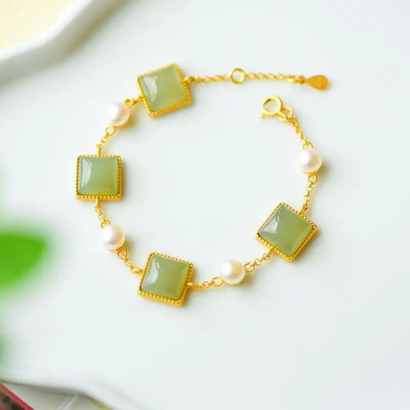 

Natural Hetian Jade Gray Jade Bracelet Geometric Shape Embellishment Fresh Water Pearl Simplicity Stylish Adjustable Length