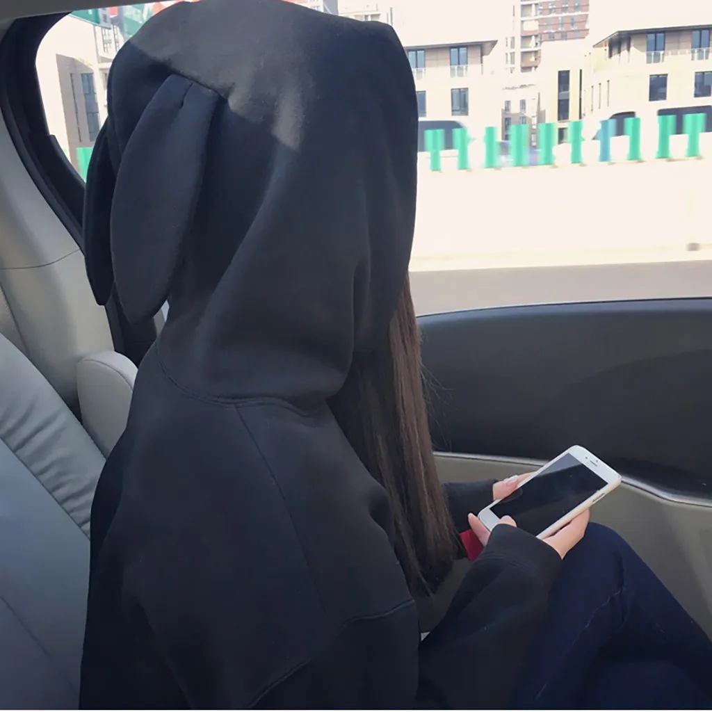 

FashFashin Casual autumn hoodie Coat women's Cap Rabbit Ears Top Long Sleeve Solid color Sweatshirt